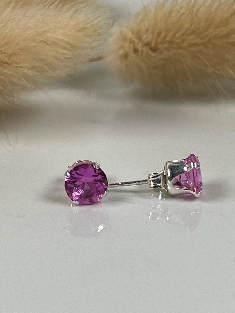 Solid Sterling Silver Pink Sapphire Gemstone Stud Post Back Earrings - Picture 3 of 5